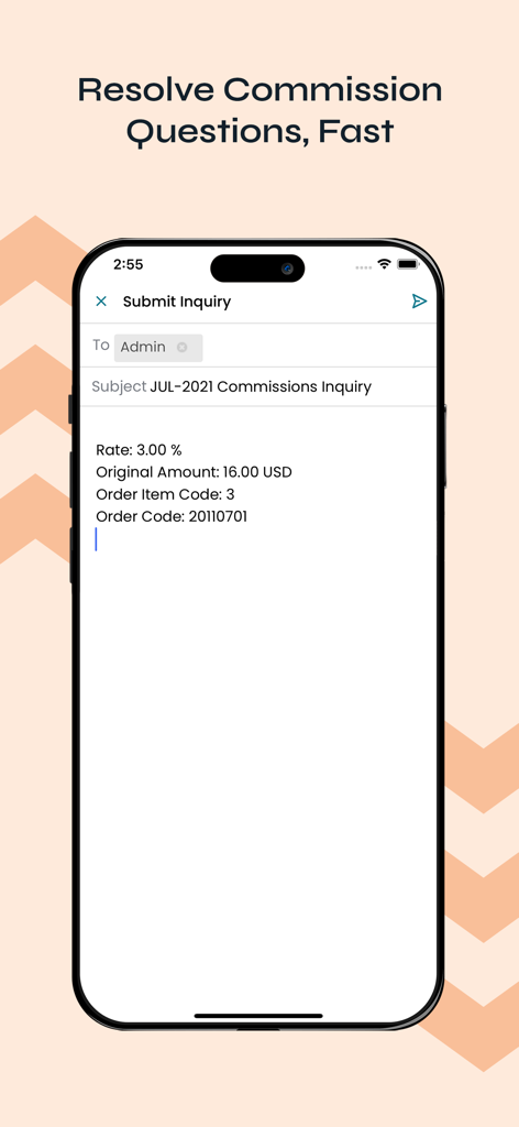 Xactly Incent - Xactly Incent mobile app interface for submitting a commission inquiry