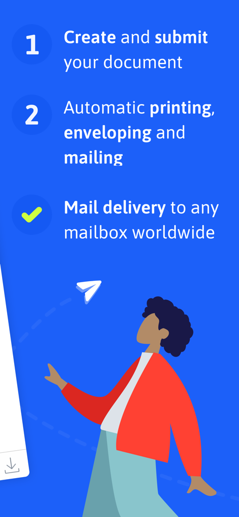 Infographic showing the three-step process of EasyLetter: create a document, automatic printing and mailing, and global delivery.
