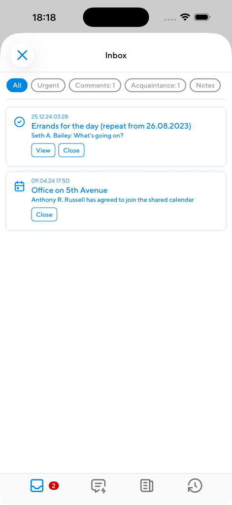 Interfaccia di Projecto PM Tool inbox che mostra aggiornamenti dei compiti e notifiche del calendario