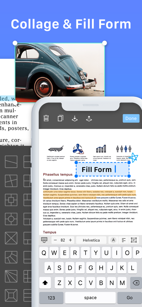 Faster Scan - Fast PDF Scanner - Faster Scan app interface demonstrating photo collage layouts and document form filling on an iPhone