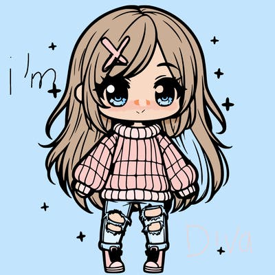chibi girl with ripped jeans,long hair, and an oversized sweater