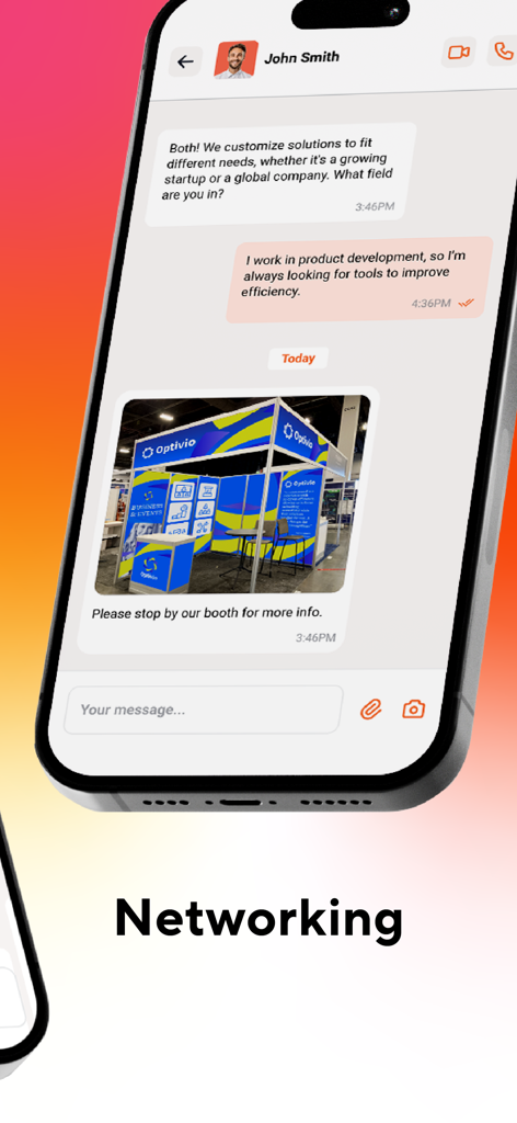 Professional chat screen in the vFairs app showing networking messages and an event booth photo