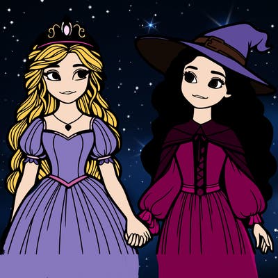 a princess and a witch holding hands realistic