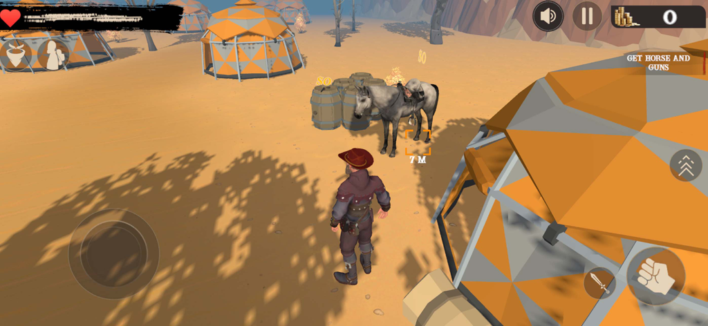 Outlaw Cowboy Wildland Life 3D - 3Dカウボーイキャラクターが砂漠のフロンティアキャンプの馬の近くに立っている