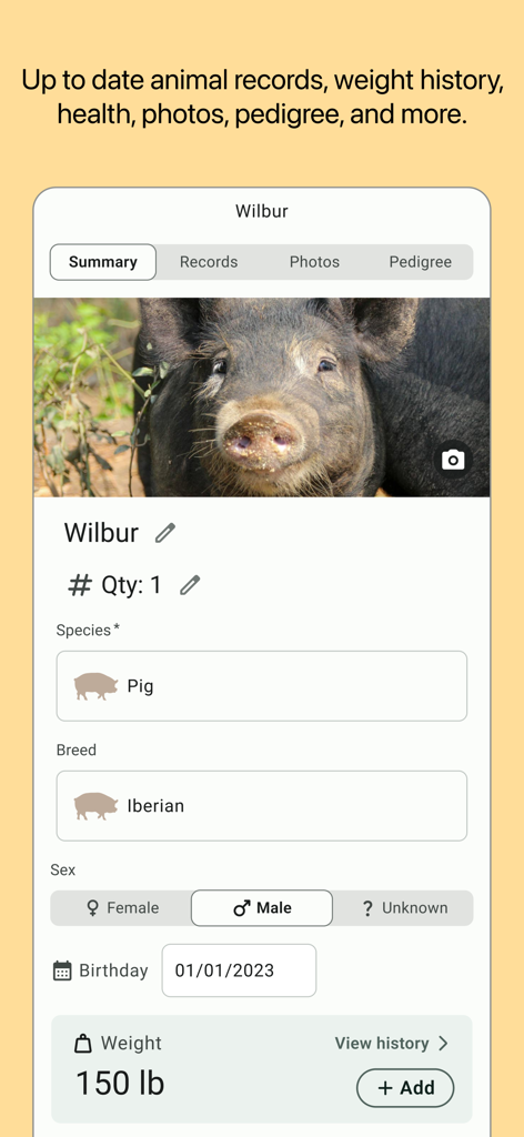 A screenshot of the FarmKeep app showing a pig's profile with detailed records including species, breed, and weight.