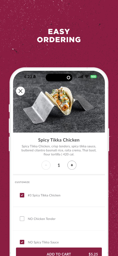 Velvet Taco - Mobile app screen for easy ordering and customization of a Spicy Tikka Chicken taco.