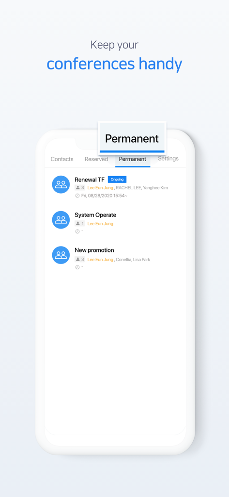 Interfaccia dell'app Knox Meeting che mostra un elenco di conferenze aziendali permanenti su uno smartphone.