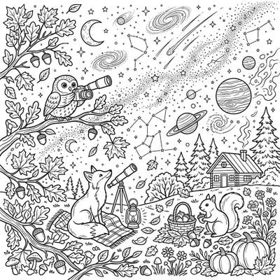 Discover the enchantment of an autumn night sky with this intricate coloring page, where woodland creatures like an owl and a fox enjoy a celestial spectacle. This detailed scene blends cozy forest elements with cosmic wonders, perfect for a relaxing coloring experience.