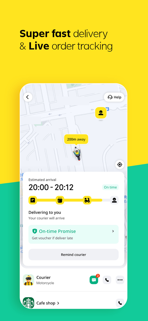 Keeta app screen showing a live map for food order tracking with estimated arrival time and courier location