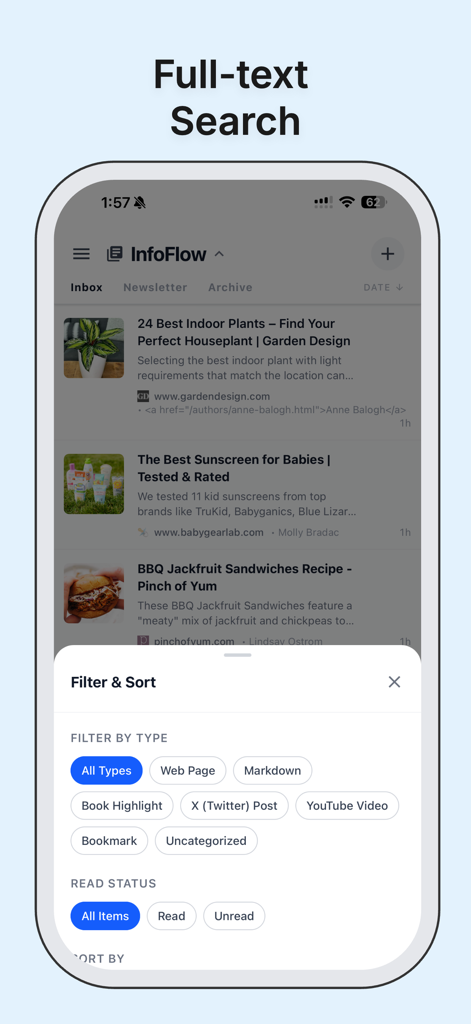 InfoFlow: Pocket Alternative - InfoFlow mobile app interface showing full-text search and filtering options for saved articles like web pages and bookmarks.