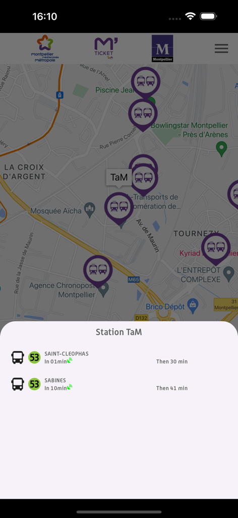 M'Ticket - Ticket mobile TaM - MTicket app screen displaying a map with transit stops and real-time bus arrival schedules in Montpellier