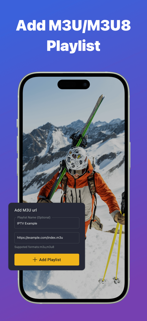 IPTV Stream Player – Live TV - Interfaccia dell'app IPTV Stream Player che mostra la schermata di aggiunta playlist M3U e M3U8 su un dispositivo mobile.