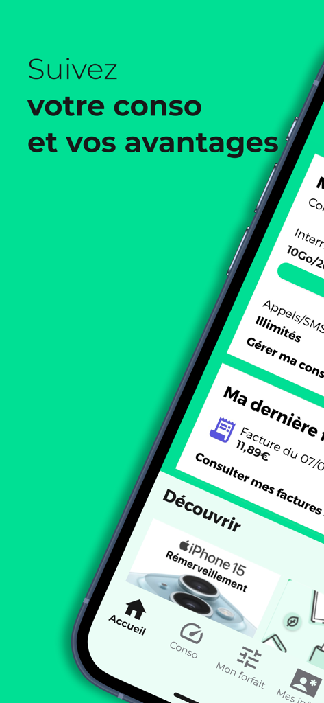 RED & Moi - RED and Moiアプリのインターフェイスのスクリーンショット。データ使用量と請求概要がフランス語で表示されています