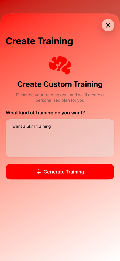 Run Lеft - Pantalla de la aplicación Run Left que muestra la interfaz para crear un plan de entrenamiento de running personalizado con IA basado en una indicación de texto