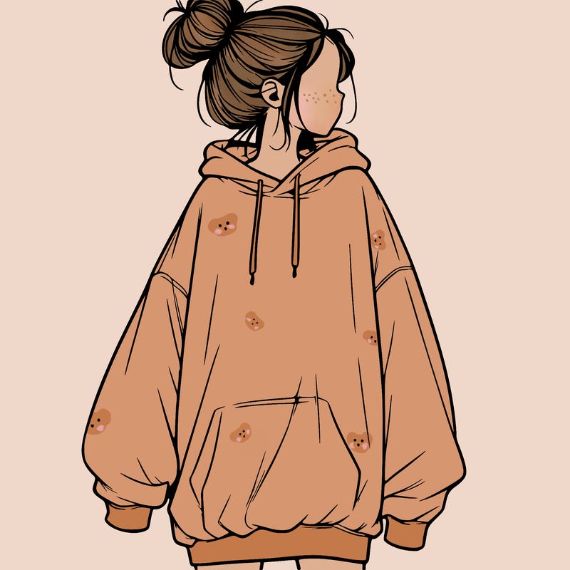 realistic girl with a oversized sweatshirt on and a bun