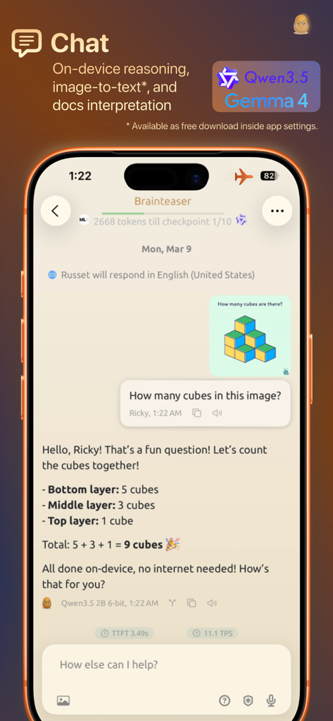 Russet: Private on-device AI - Russet app chat interface performing on-device image analysis and cube counting while offline