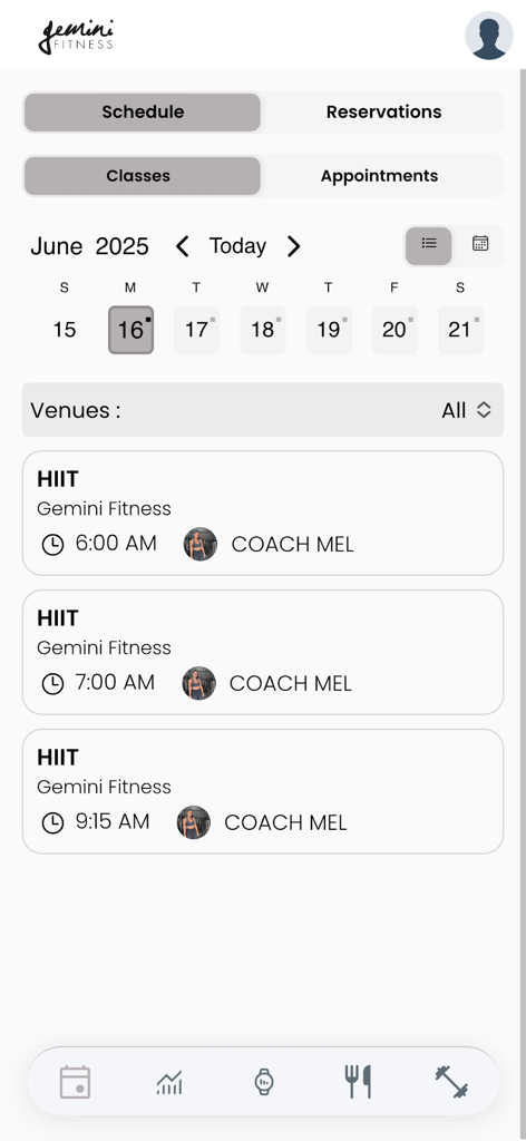 Gemini Fitness - Interface do aplicativo Gemini Fitness mostrando a agenda de aulas de HIIT com o Treinador Mel