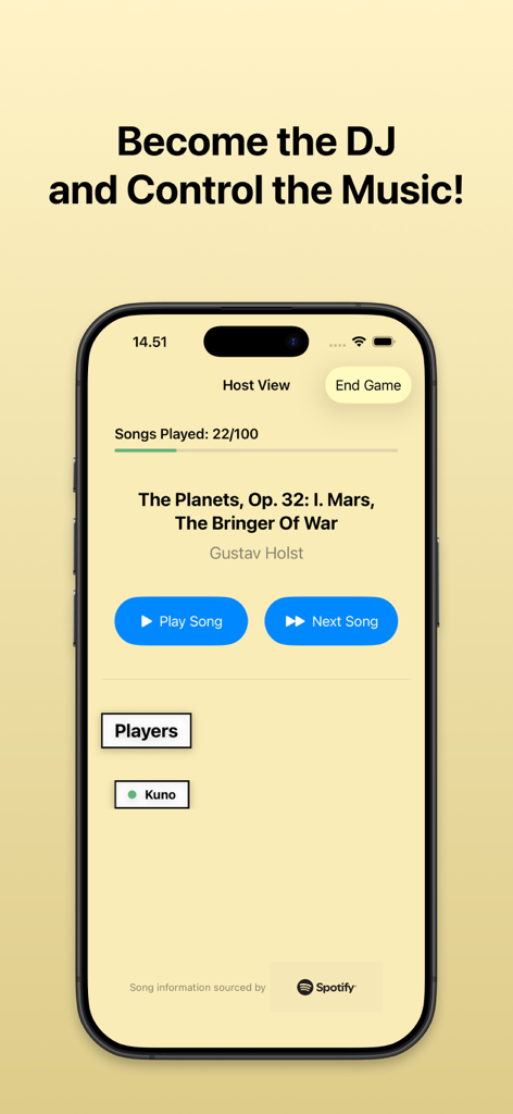 Vista del anfitrión de la aplicación Music Bingo Party Starter que muestra los controles de reproducción de canciones y la lista de jugadores