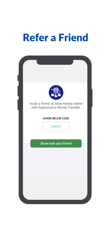Supersonicz - Supersonicz app screen for referring a friend with a referral code and share button