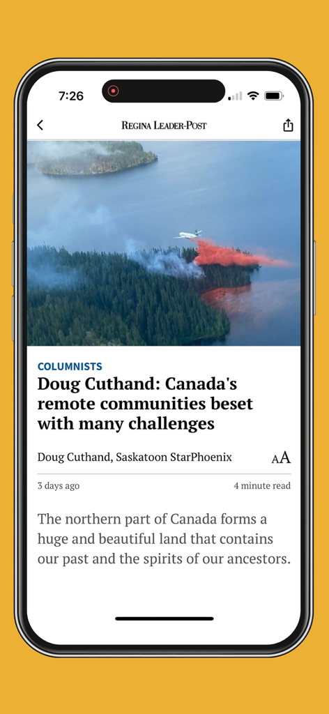 Leader-Post - A news article within the Regina Leader-Post app featuring a column by Doug Cuthand about challenges in remote Canadian communities with an image of a plane fighting a forest fire.