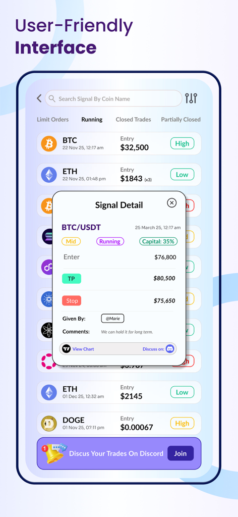 Cryptoverse Edge - Cryptoverse Edge App-Oberfläche, die Kryptowährungs-Spot-Signale und ein detailliertes Handelsfenster für Bitcoin anzeigt.
