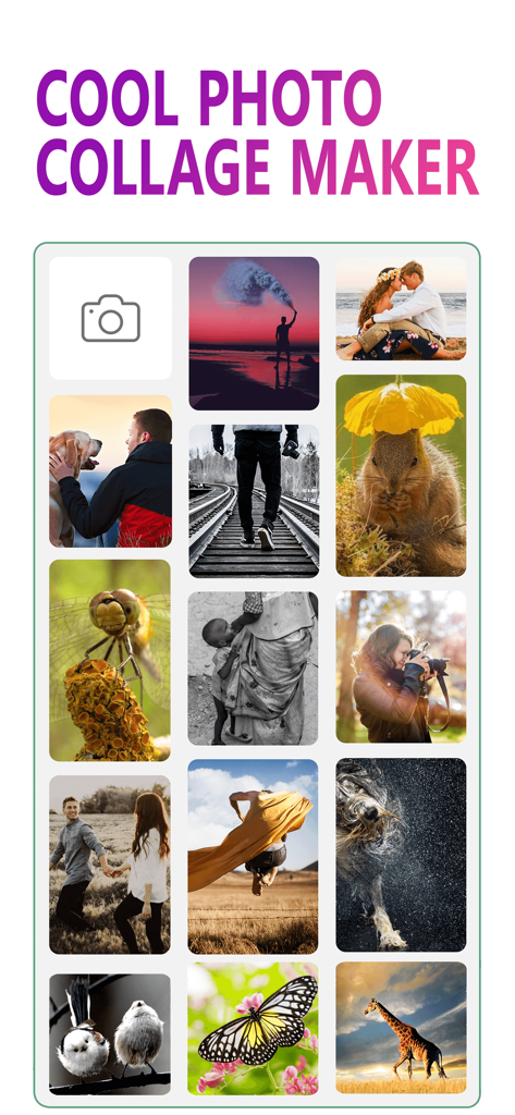 Uma grade de diversas fotos de amostra dentro da interface do aplicativo Mix Pics.