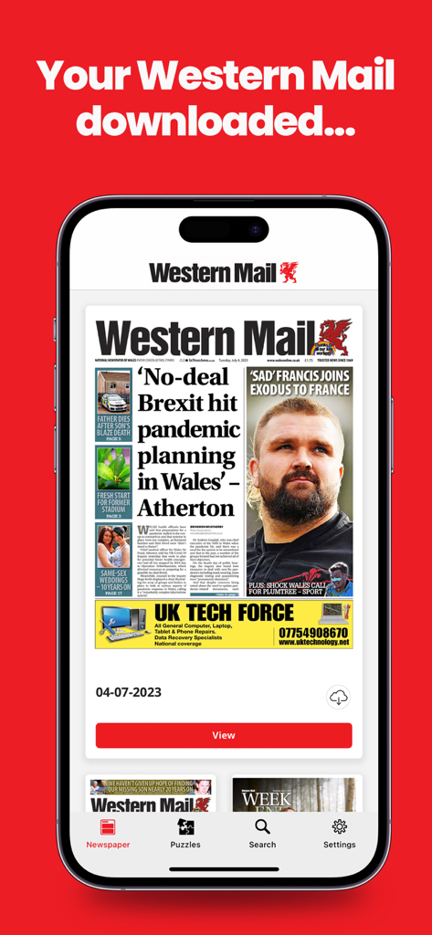 Western Mail Newspaper - Western Mail Newspaper app interface showing a downloaded digital edition on a smartphone