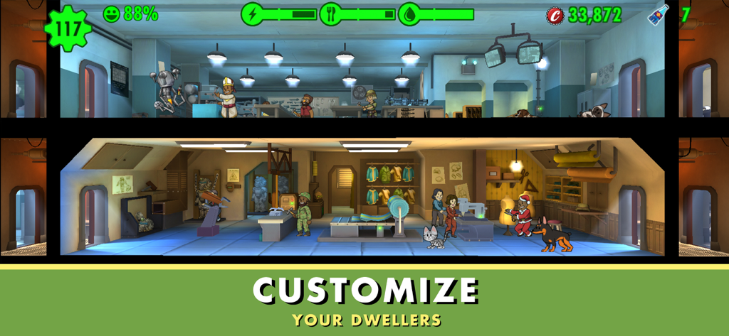 A screenshot of Fallout Shelter showing dwellers in a customization and tailoring room with pets and the text Customize Your Dwellers