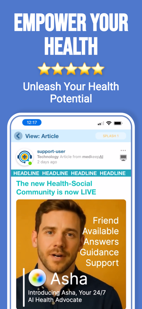 medkeepAI - A mobile app screen for medkeepAI introducing Asha the 24/7 AI health advocate and a new health social community