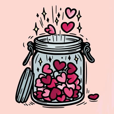 a jar filled with glowing hearts slowly opening and releasing them.