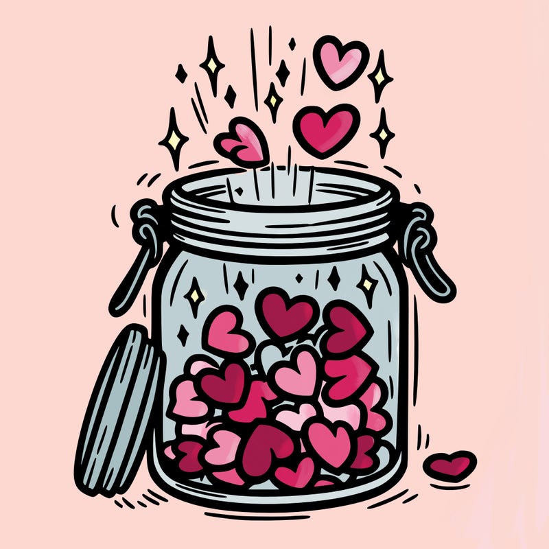 a jar filled with glowing hearts slowly opening and releasing them.