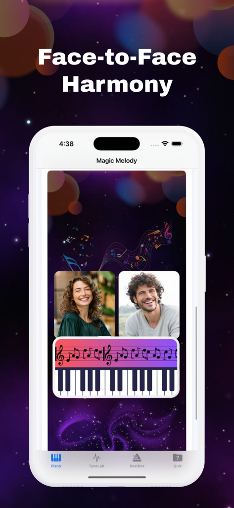 Magic Melody+ - Smartphone screen showing the face to face harmony feature with a virtual piano keyboard