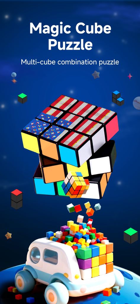 Cube Solver - 3D Cube Timer - Magic Cube Puzzle promotional graphic showing a 3D cube with US flag patterns and a toy truck carrying colorful blocks