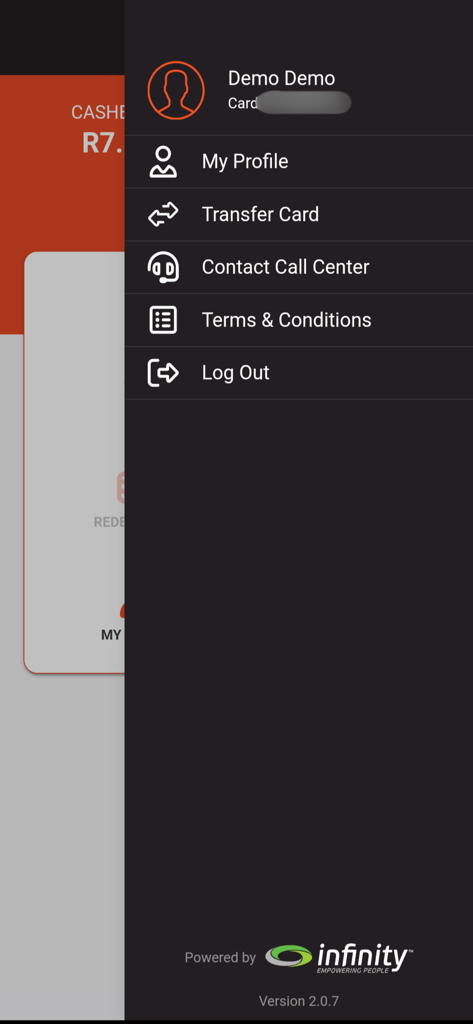 Menu latéral de l'application Carte de Récompenses Metro affichant le profil utilisateur et les paramètres