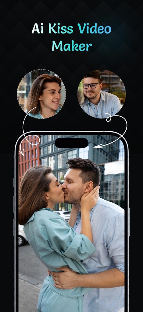AI Kiss Video Maker : AI Hug - AI Kiss Video Maker app interface showing two individual photos being transformed into a video of a couple kissing