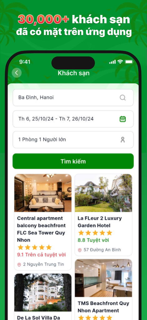 Rovi Travel - Interfaz de la aplicación móvil Rovi Travel mostrando filtros de búsqueda de hoteles y listados de propiedades en Vietnam