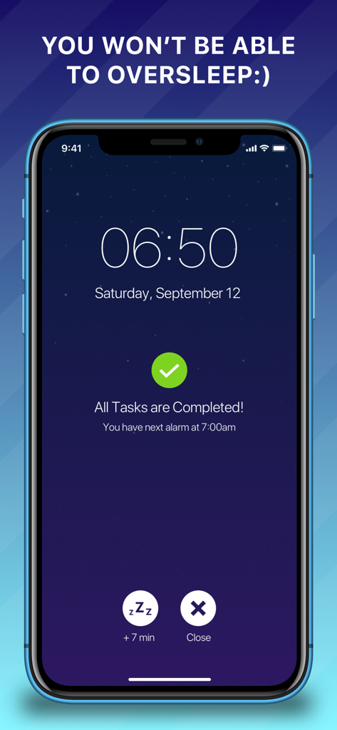 Smart Alarm Clock - Alarmer - Interface do Despertador Inteligente Alarmer mostrando todas as tarefas matinais concluídas e o próximo alarme agendado