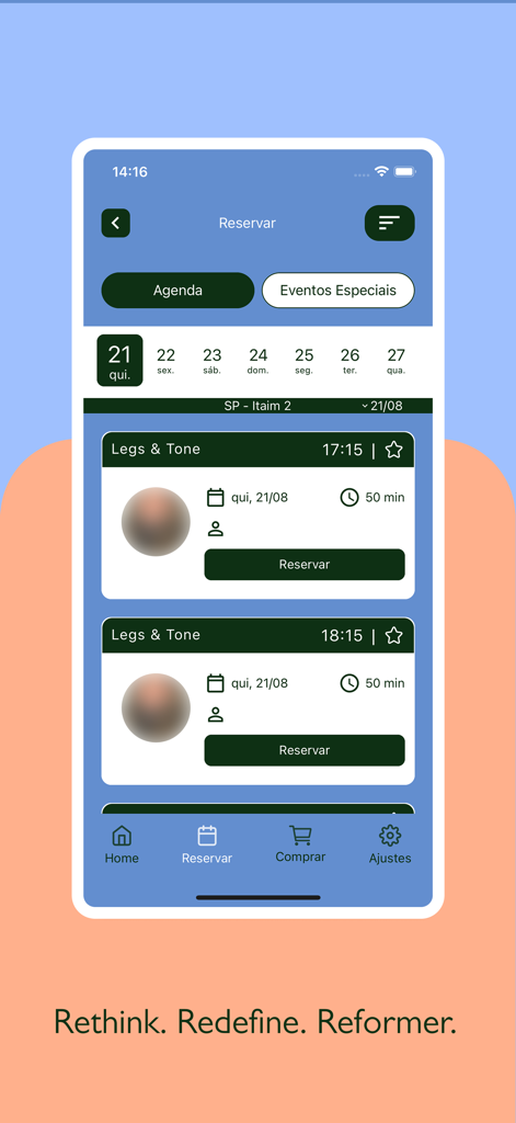 Aera Pilates - Aera Pilates mobile app interface showing a schedule of reformer classes available for booking with a date selector and reservation buttons