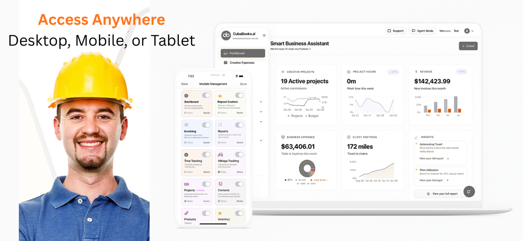 Invoice Manager app interface displayed on a smartphone and laptop beside a man in a hard hat
