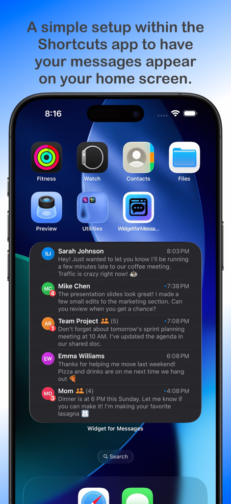 iPhone home screen featuring a large widget that displays recent message previews from multiple contacts with unread badges