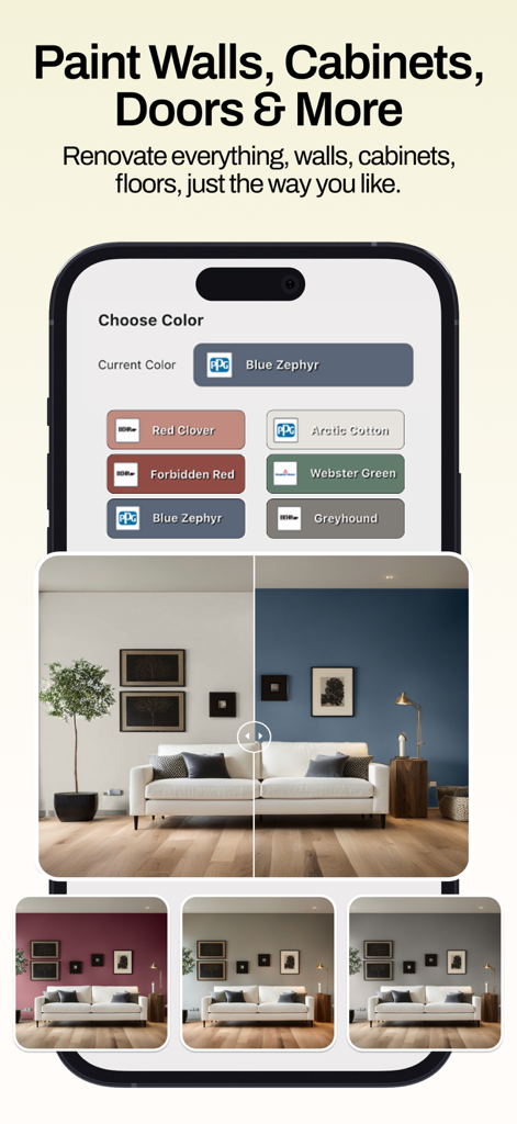 Remodel AI - Home Design - Interface de l'application Remodel AI montrant un salon avec différentes options de couleurs de peinture murale