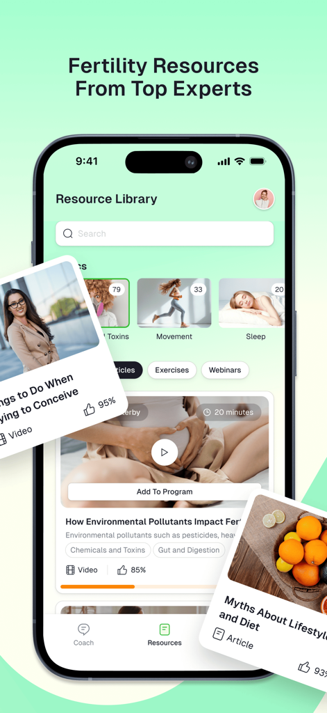 Conceivio - Conceivio app resource library screen with fertility educational content and expert advice