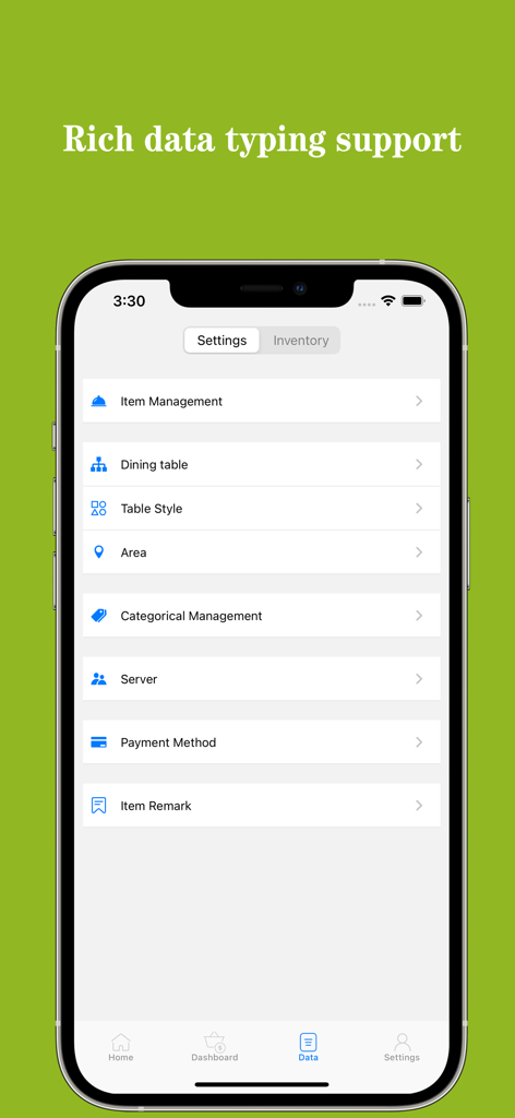 Tela de configurações de gerenciamento de dados do aplicativo RestPOS mostrando opções para gerenciamento de itens, estilo de mesa e métodos de pagamento