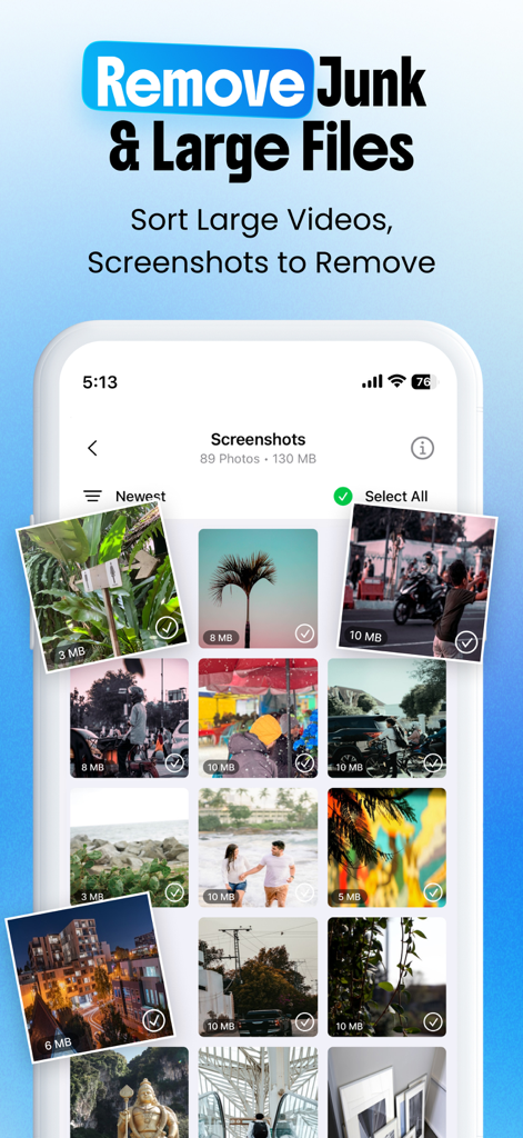 Storage Clean Up - CleanPro - Interfaz de la aplicación CleanPro que muestra una galería de capturas de pantalla ordenadas por tamaño para una fácil eliminación
