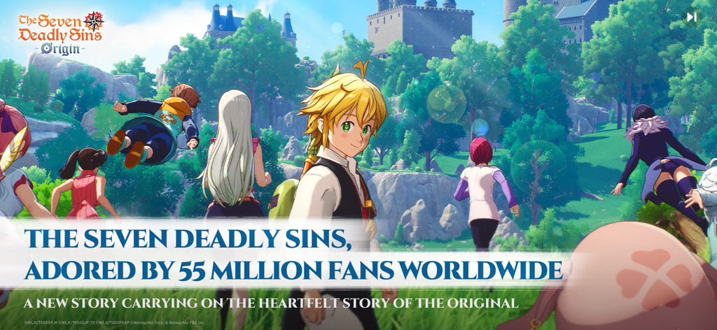 The Seven Deadly Sins: Origin - Characters of The Seven Deadly Sins Origin standing in a vast green landscape with a castle background