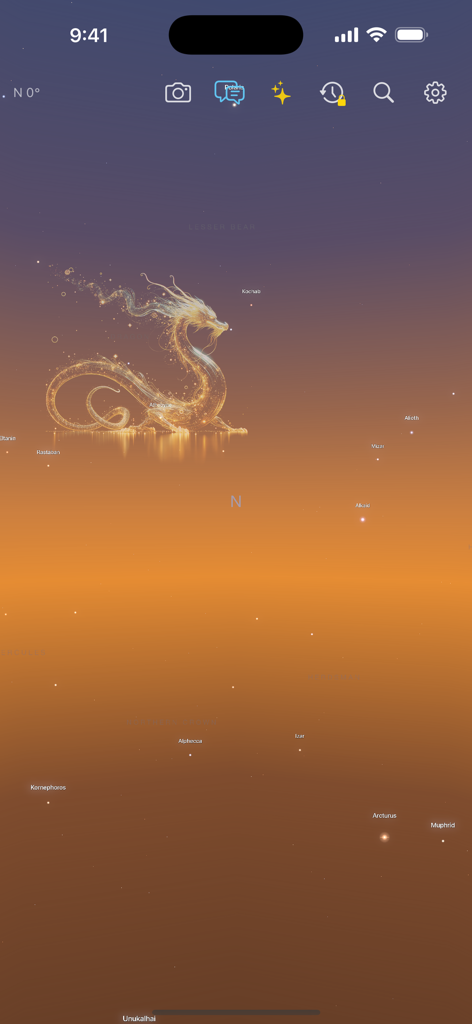 Ilustración de una constelación de dragón dorado en la interfaz de la aplicación Guía de Constelaciones