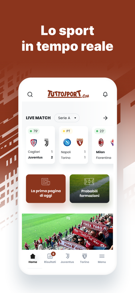 Tuttosport app home screen displaying live Serie A soccer match results and sports news.