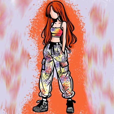 girl in baggy pants crop top and long hair