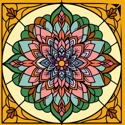 mandala flower design, stained glass window.