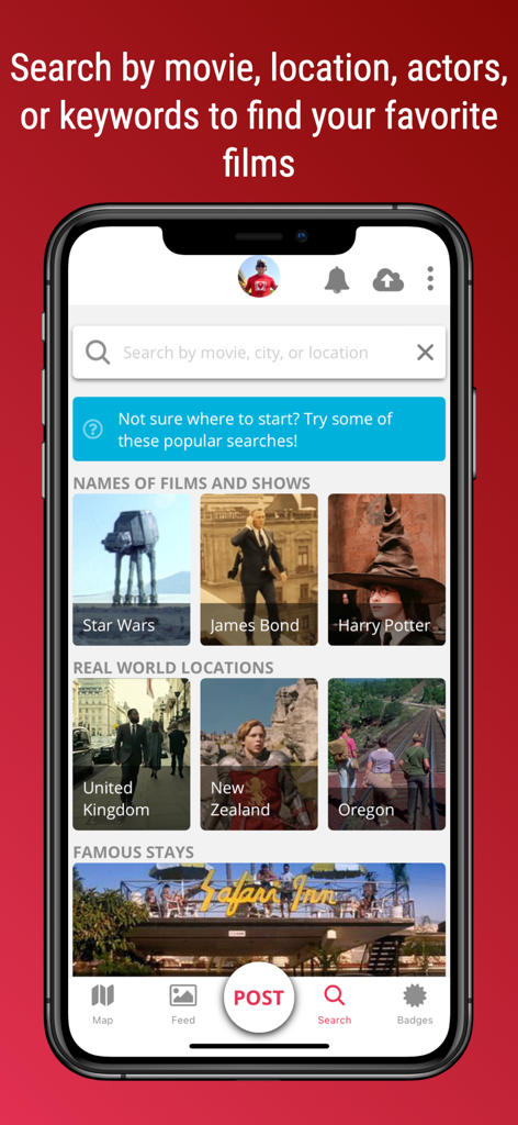 SetJetters: Movie Locations - Mobile app interface showing search categories for movie and television filming locations